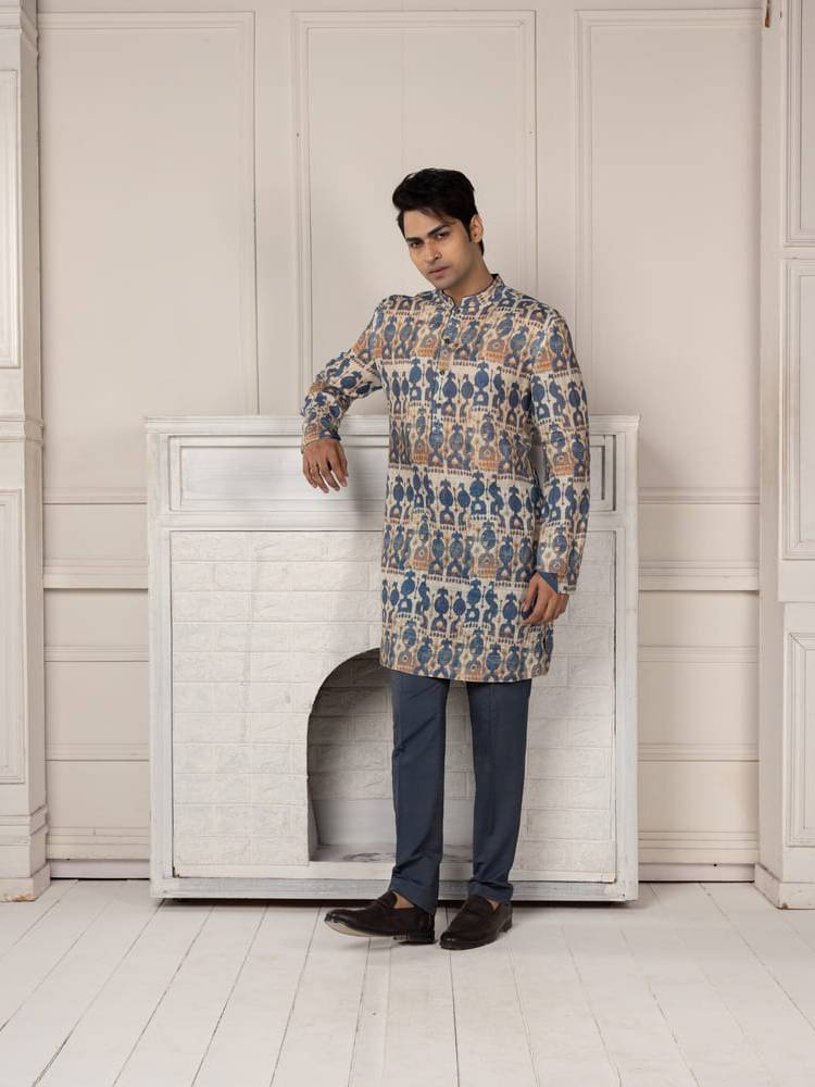 Blue and beige printed kurta with a straight fit trousers