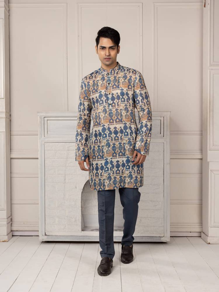 Blue and beige printed kurta with a straight fit trousers