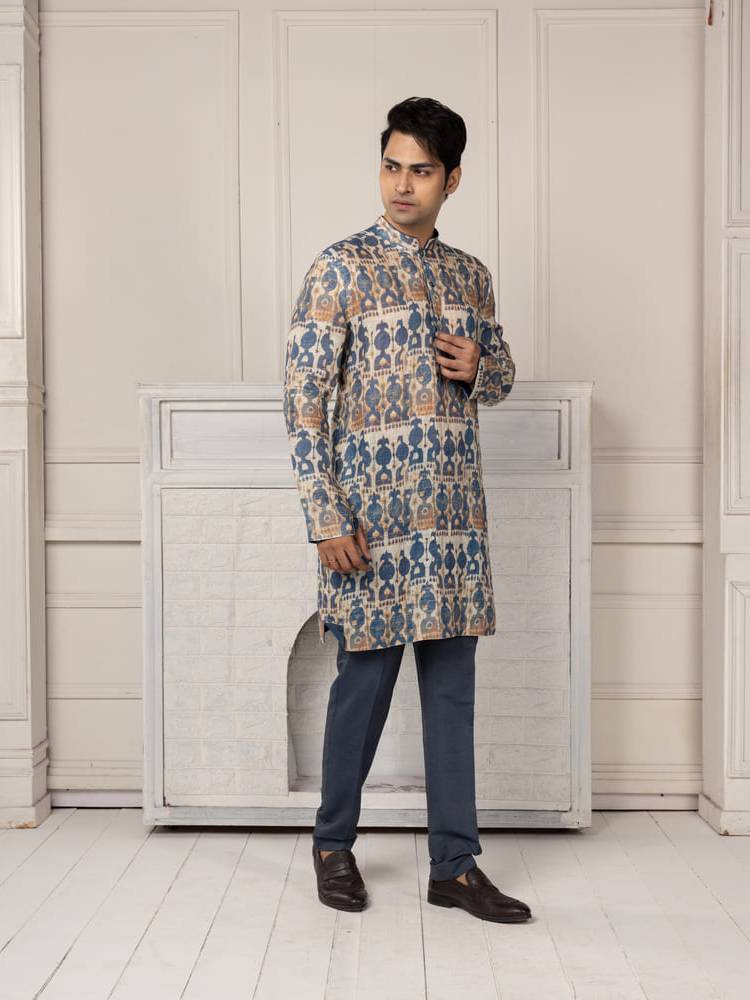 Blue and beige printed kurta with a straight fit trousers