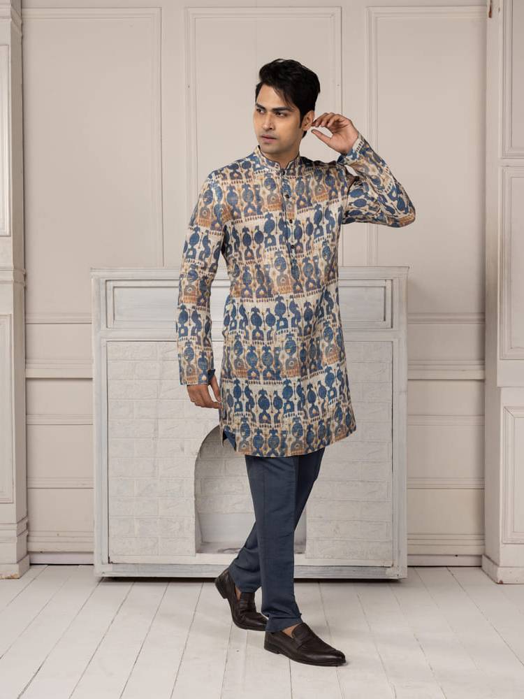 Blue and beige printed kurta with a straight fit trousers