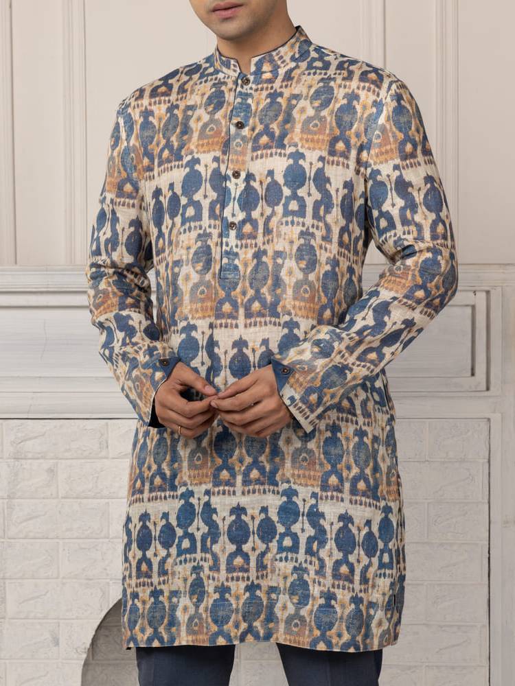 Blue and beige printed kurta with a straight fit trousers
