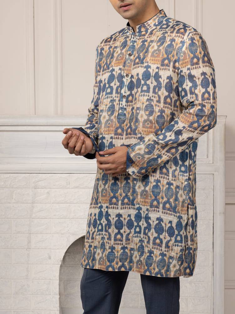 Blue and beige printed kurta with a straight fit trousers
