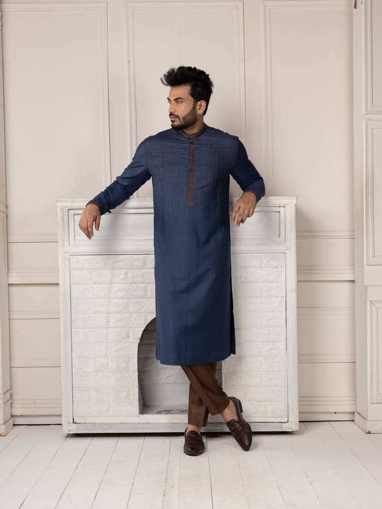 Blue Embroidered Kurta with Contrast Brown Pants