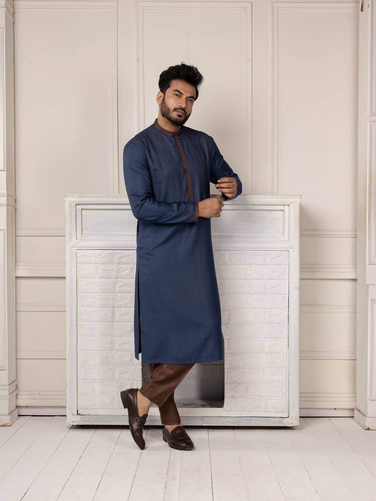 Blue Embroidered Kurta with Contrast Brown Pants