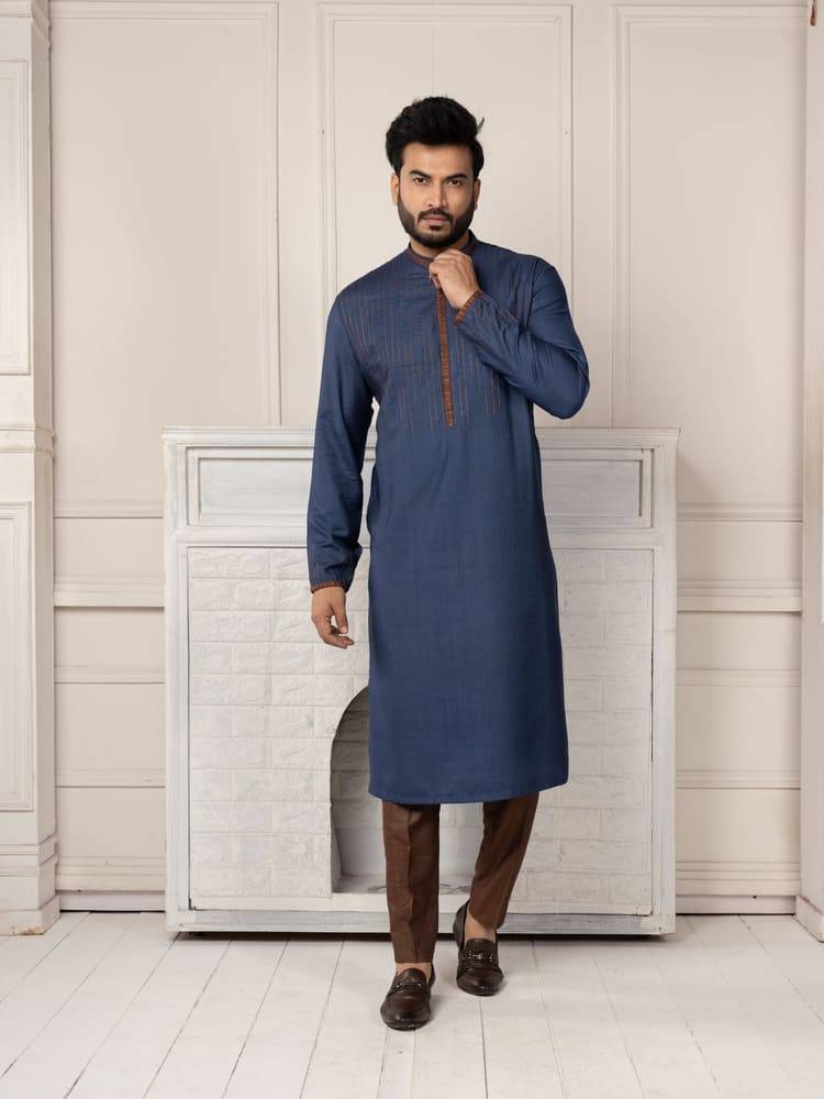 Blue Embroidered Kurta with Contrast Brown Pants