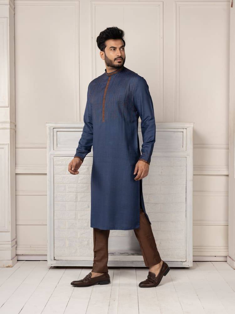 Blue Embroidered Kurta with Contrast Brown Pants