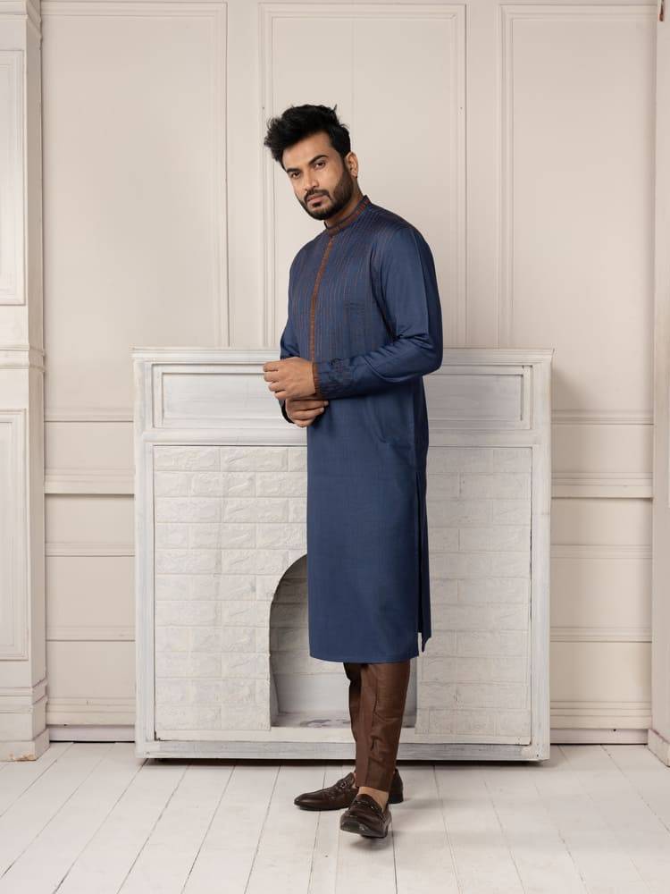 Blue Embroidered Kurta with Contrast Brown Pants