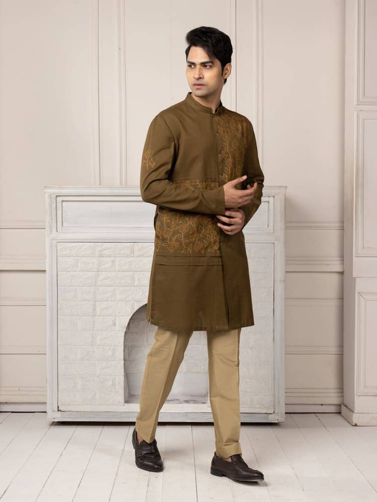Olive Green Embroidered Short Kurta Set