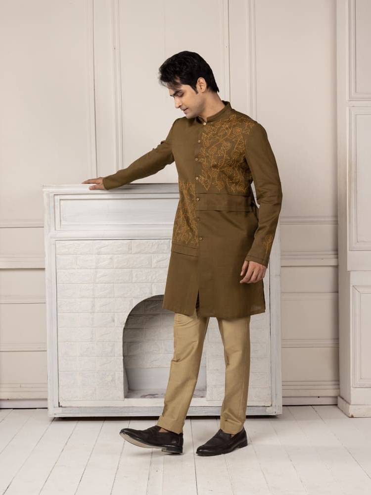 Olive Green Embroidered Short Kurta Set