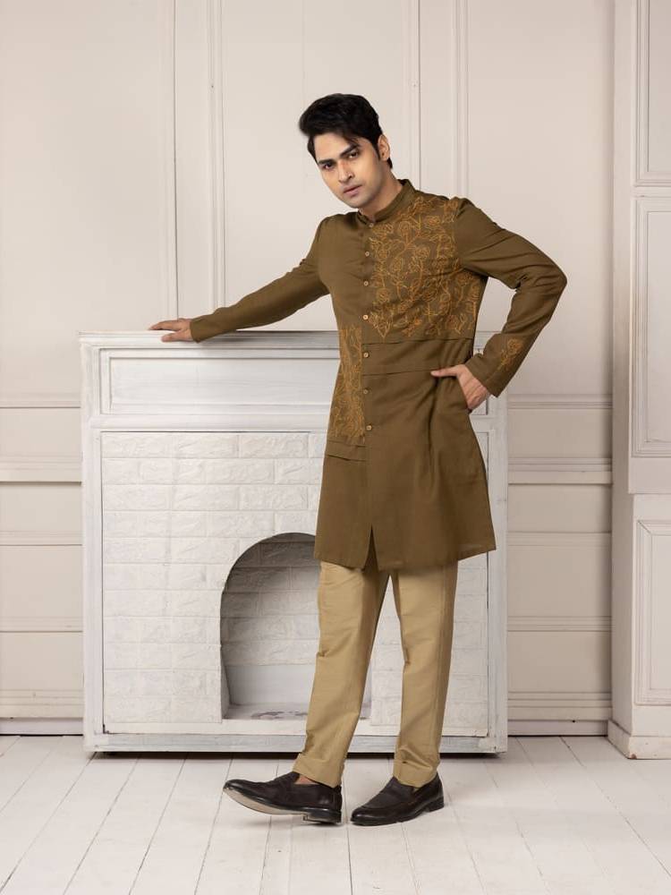 Olive Green Embroidered Short Kurta Set