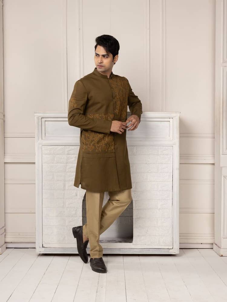 Olive Green Embroidered Short Kurta Set
