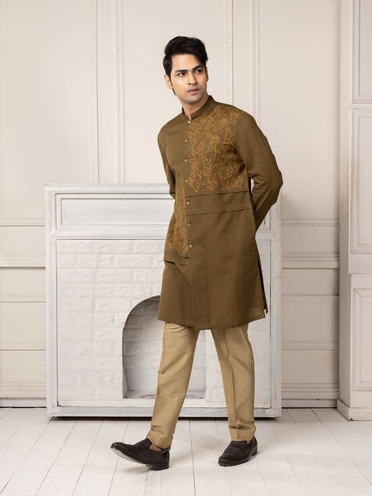 Olive Green Embroidered Short Kurta Set