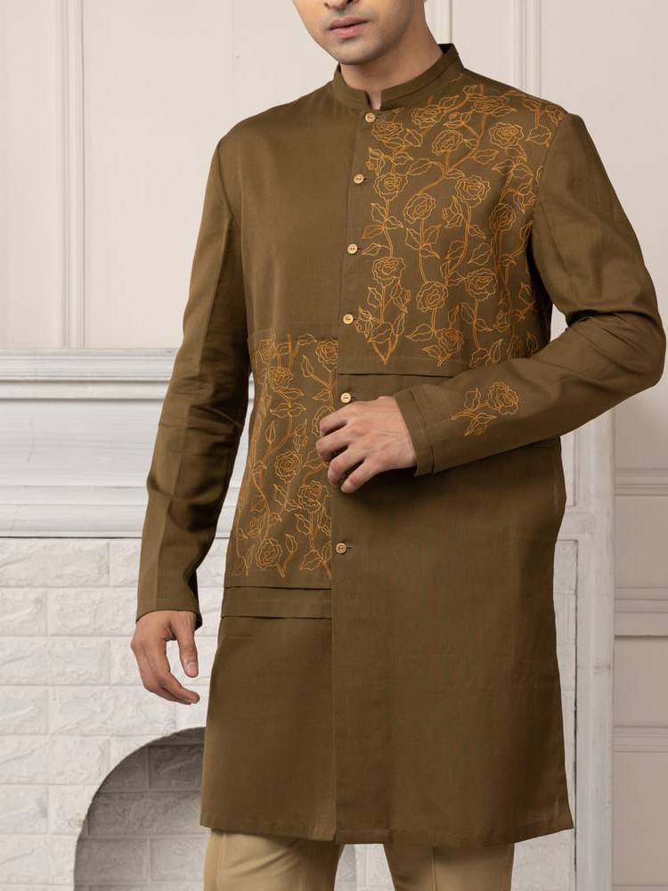 Olive Green Embroidered Short Kurta Set