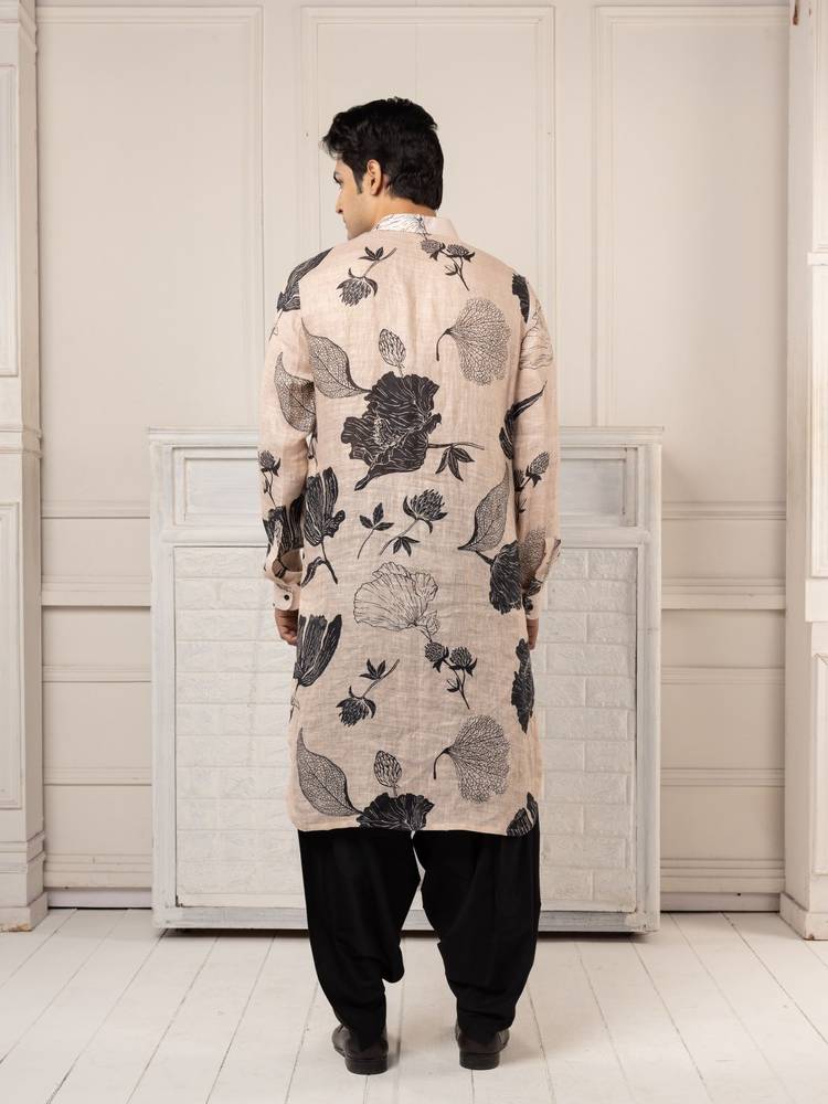 Printed Pathani Kurta Set with Bold Floral Motifs