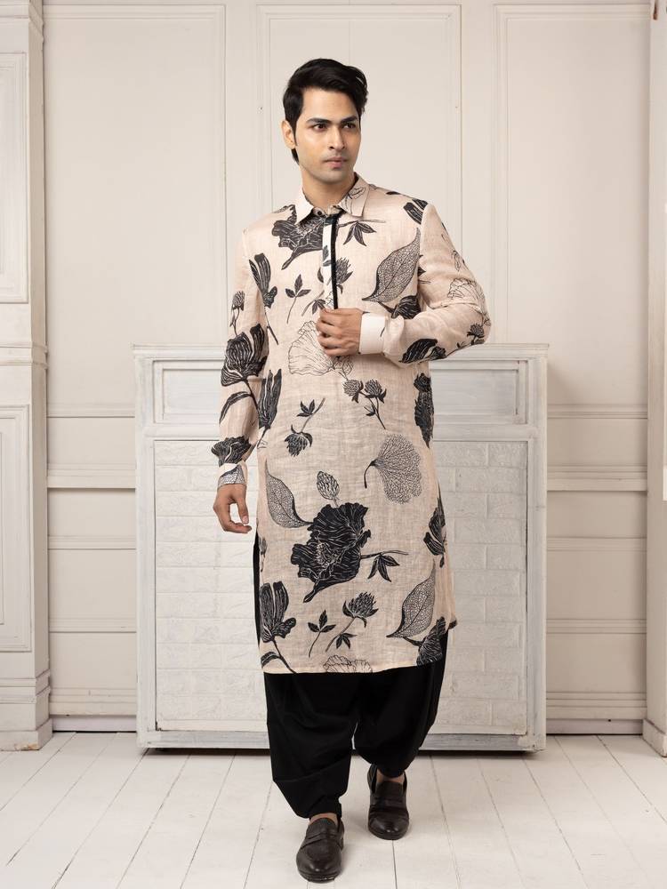 Printed Pathani Kurta Set with Bold Floral Motifs