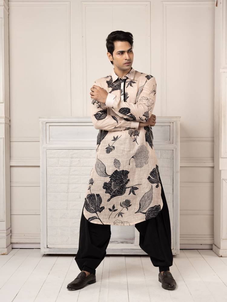 Printed Pathani Kurta Set with Bold Floral Motifs