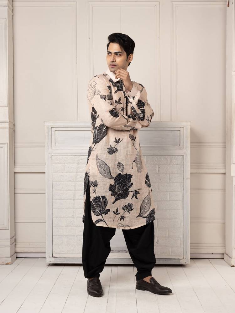 Printed Pathani Kurta Set with Bold Floral Motifs