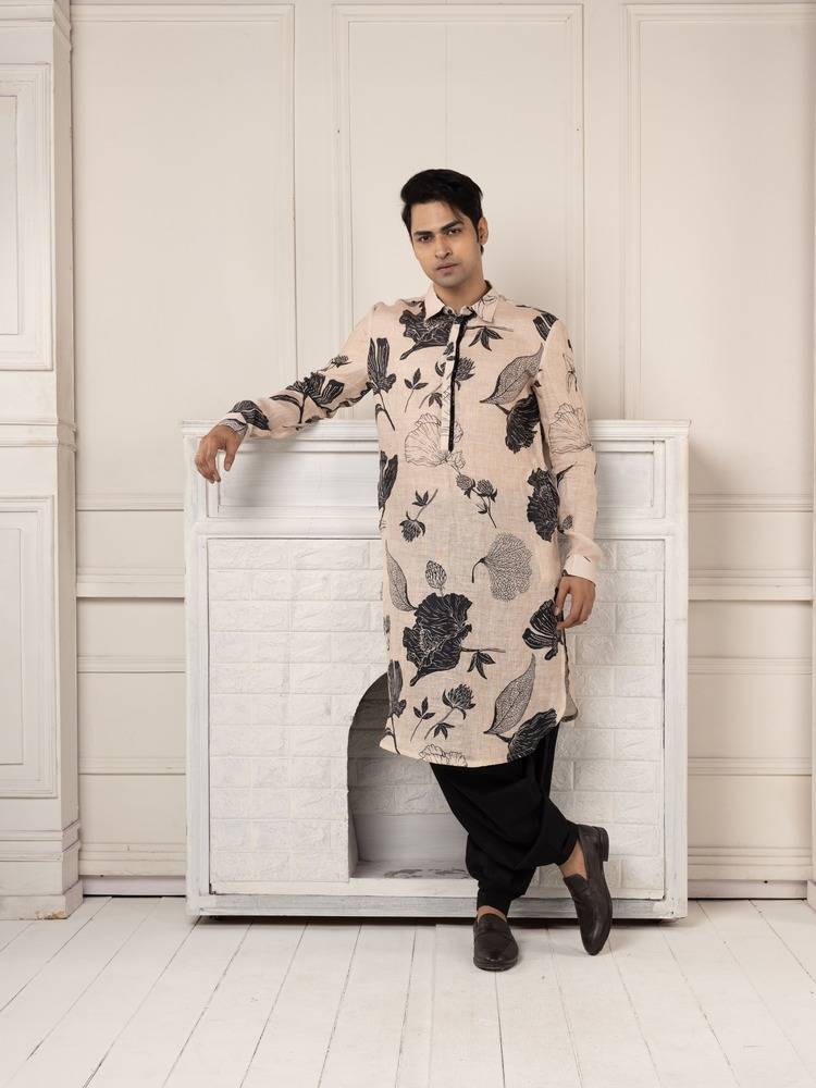 Printed Pathani Kurta Set with Bold Floral Motifs