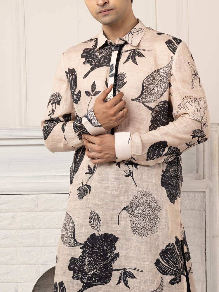 Printed Pathani Kurta Set with Bold Floral Motifs