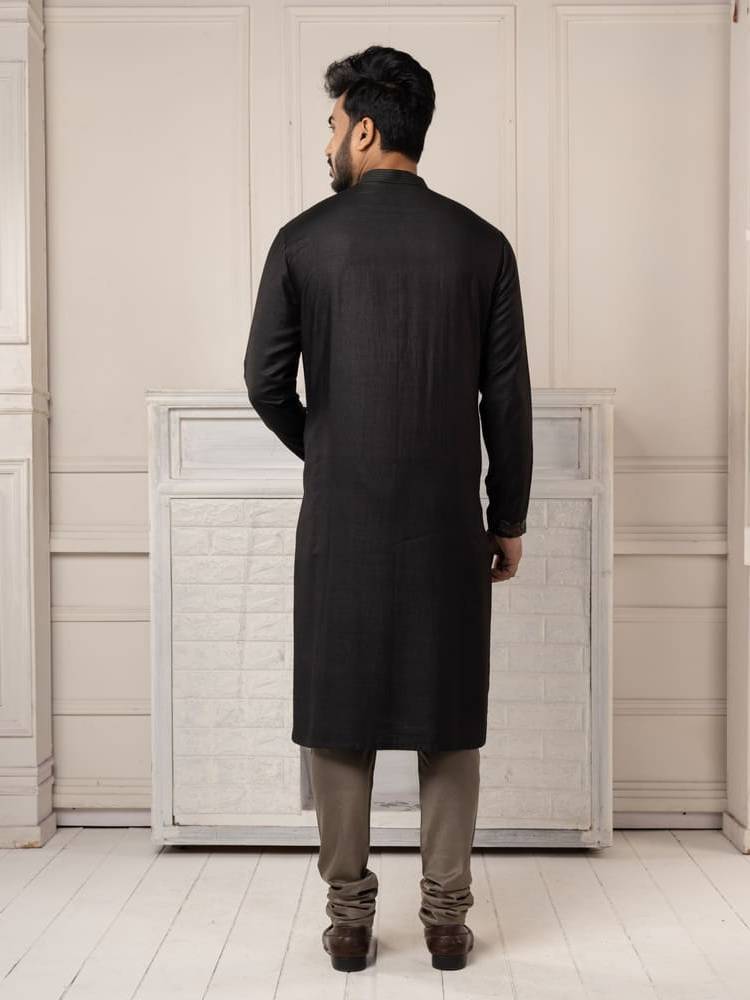 Black Hand Embroidered Kurta Paired With Churidar Work