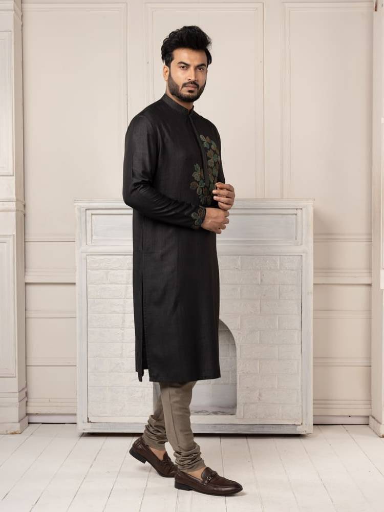 Black Hand Embroidered Kurta Paired With Churidar Work
