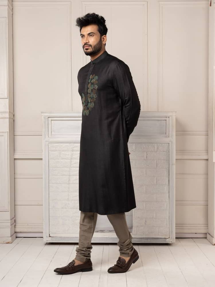 Black Hand Embroidered Kurta Paired With Churidar Work