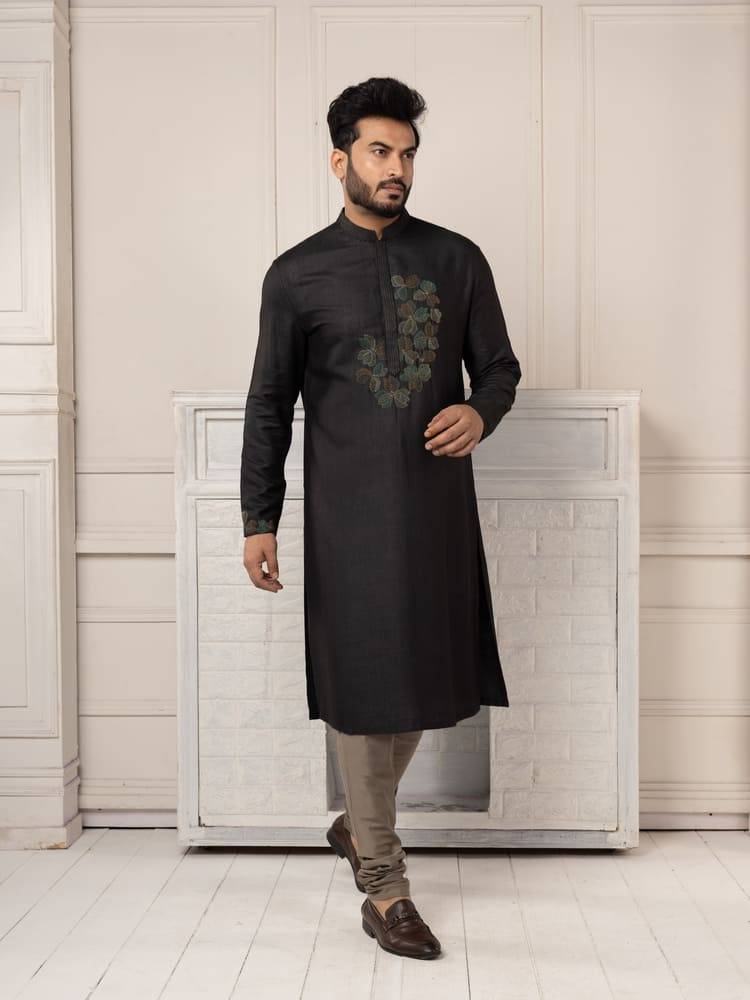 Black Hand Embroidered Kurta Paired With Churidar Work