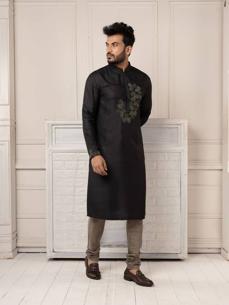 Black Hand Embroidered Kurta Paired With Churidar Work