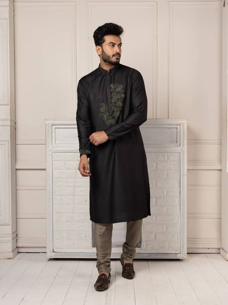 Black Hand Embroidered Kurta Paired With Churidar Work
