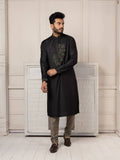 Black Hand Embroidered Kurta Paired With Churidar Work