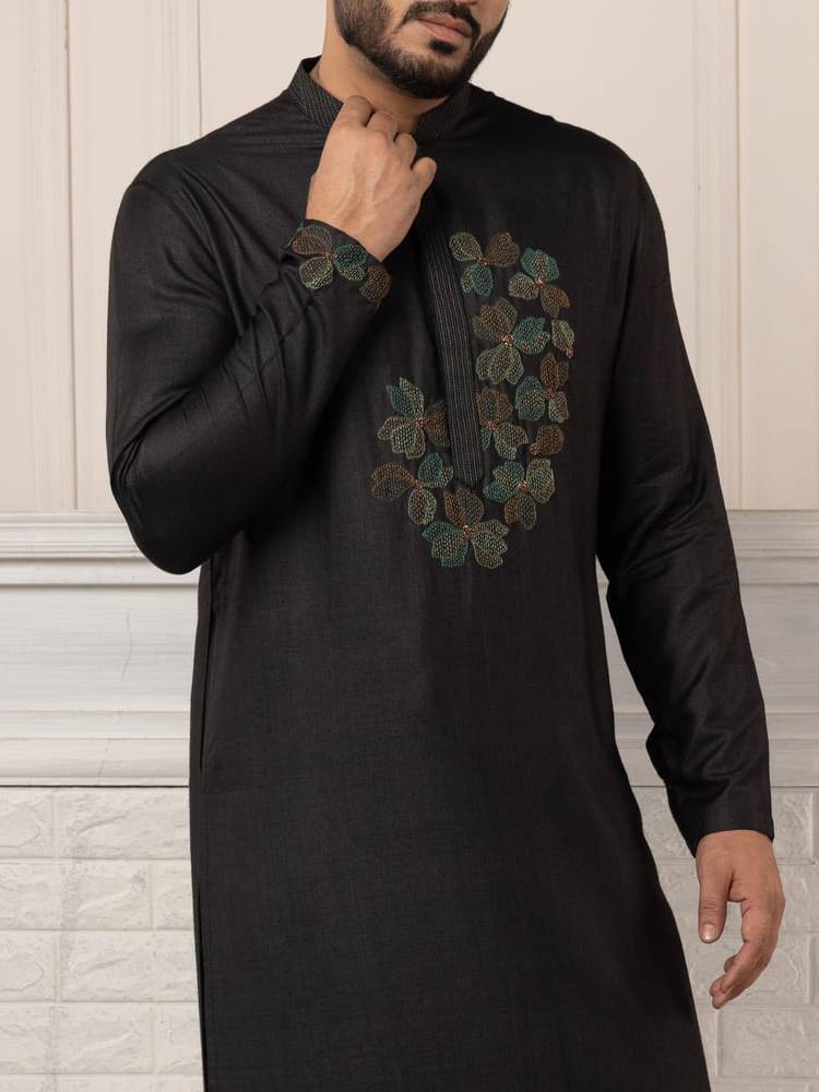 Black Hand Embroidered Kurta Paired With Churidar Work