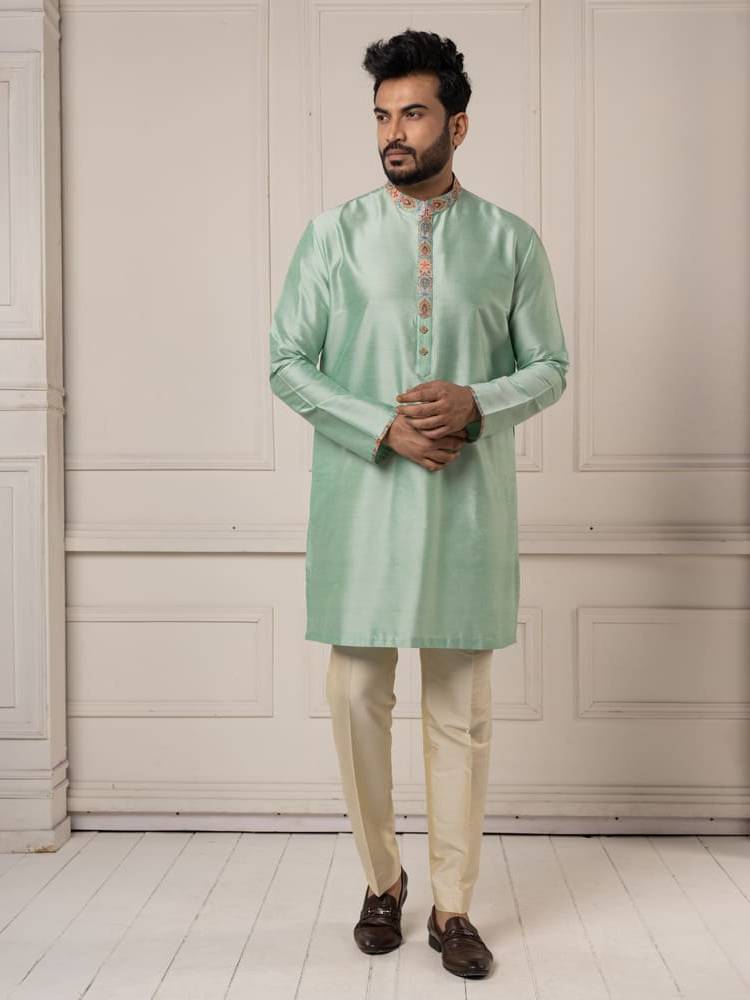 Jamevar printed jacket with mint colour kurta set