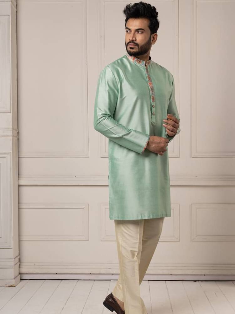 Jamevar printed jacket with mint colour kurta set