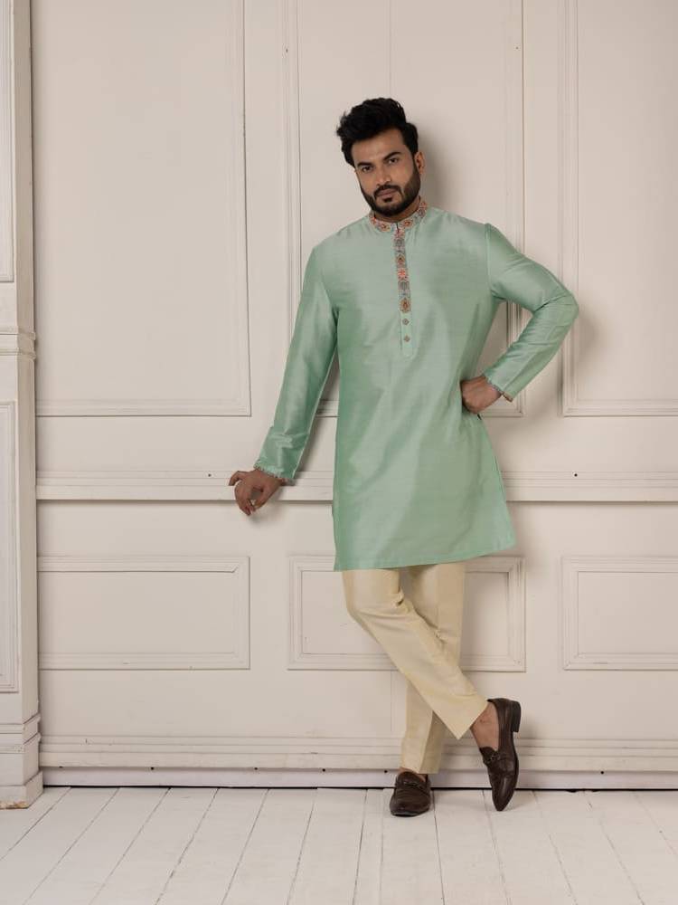 Jamevar printed jacket with mint colour kurta set