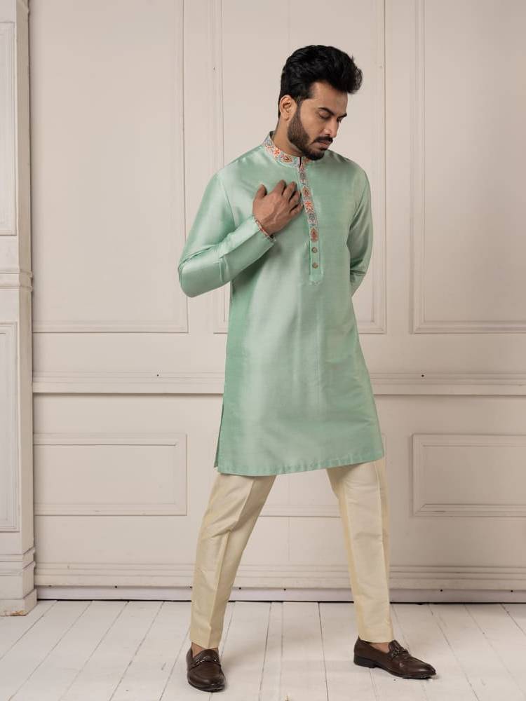 Jamevar printed jacket with mint colour kurta set