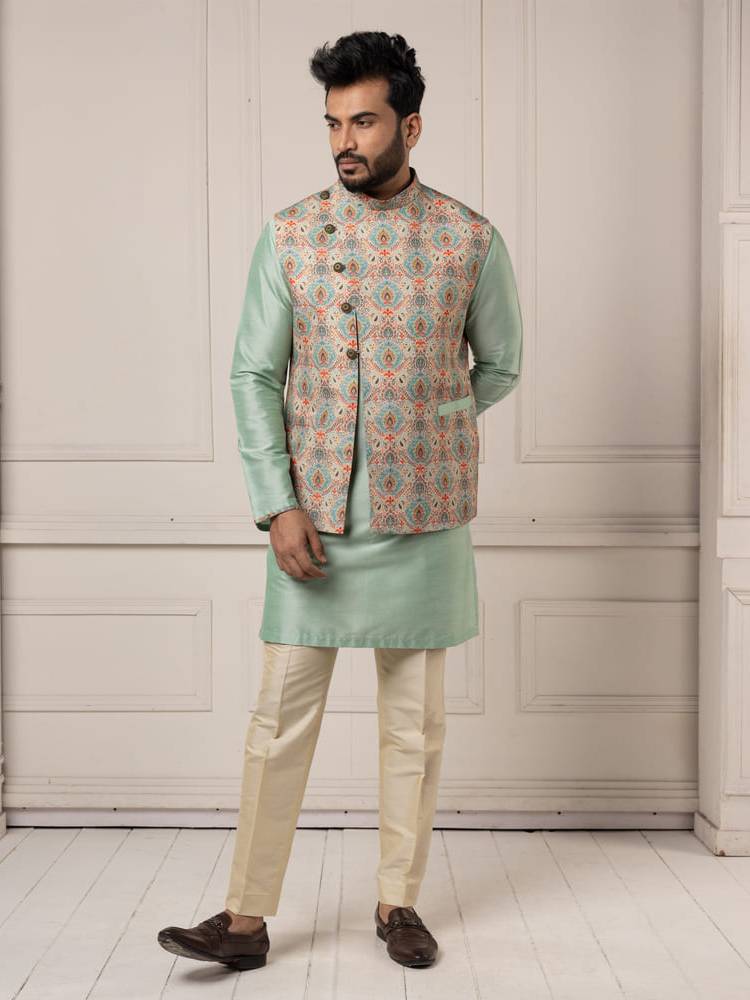 Jamevar printed jacket with mint colour kurta set