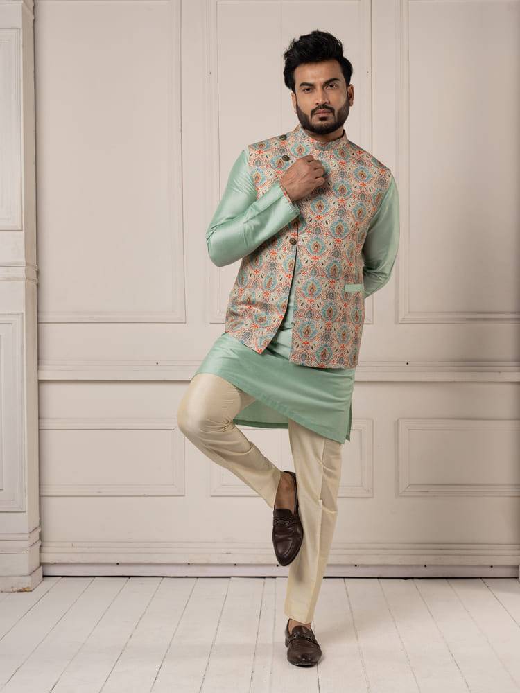 Jamevar printed jacket with mint colour kurta set