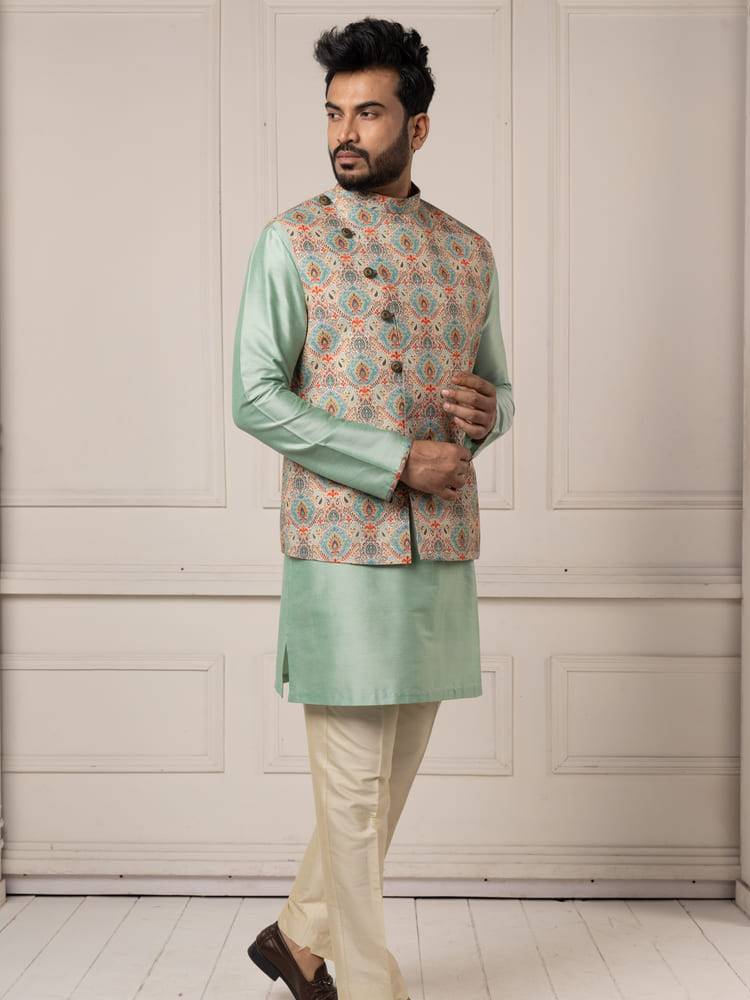 Jamevar printed jacket with mint colour kurta set