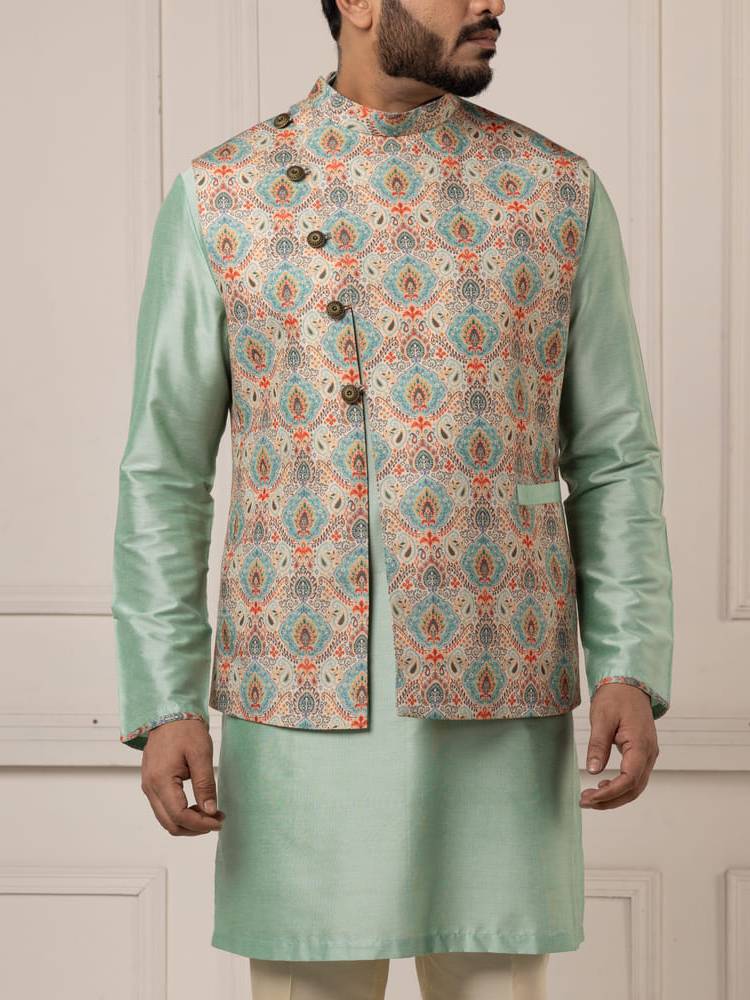 Jamevar printed jacket with mint colour kurta set