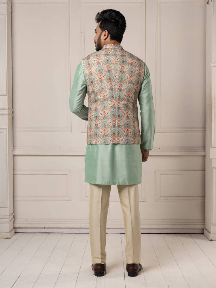 Jamevar printed jacket with mint colour kurta set