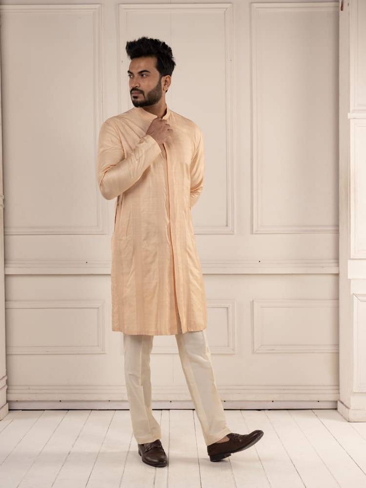 Peach Jamevar Embroidered Long Jacket Set