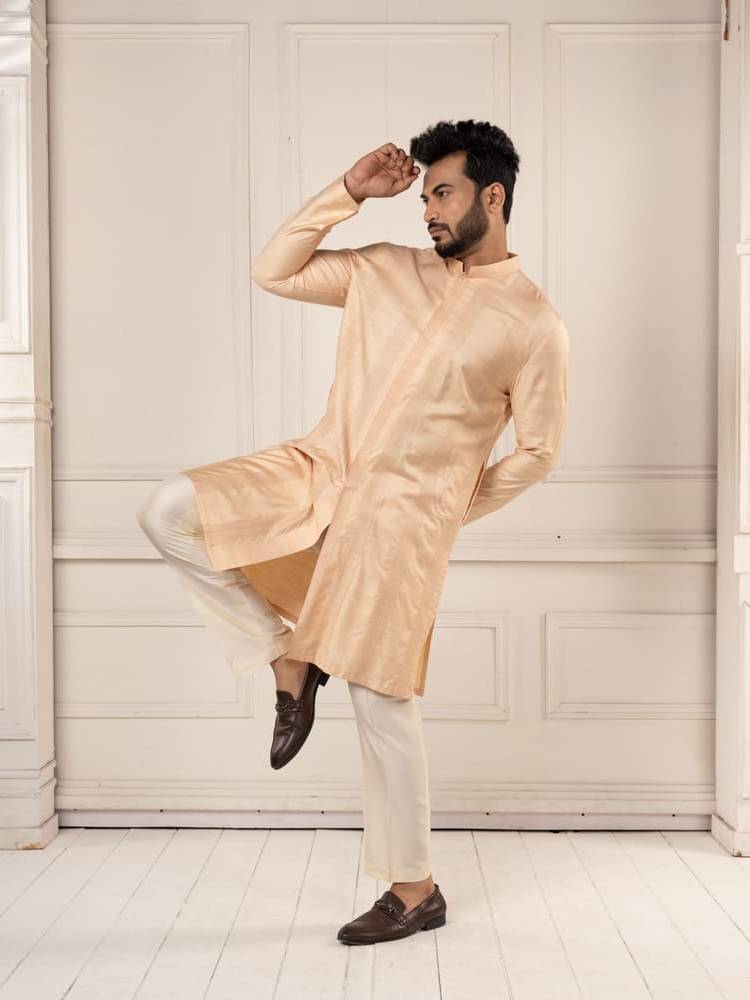 Peach Jamevar Embroidered Long Jacket Set