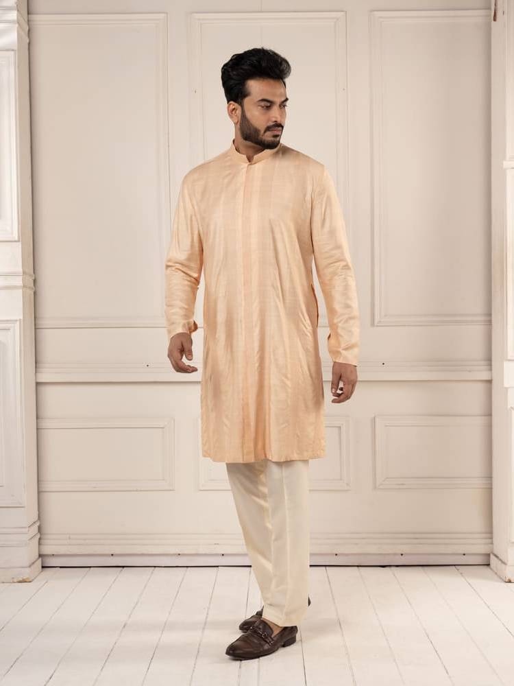 Peach Jamevar Embroidered Long Jacket Set