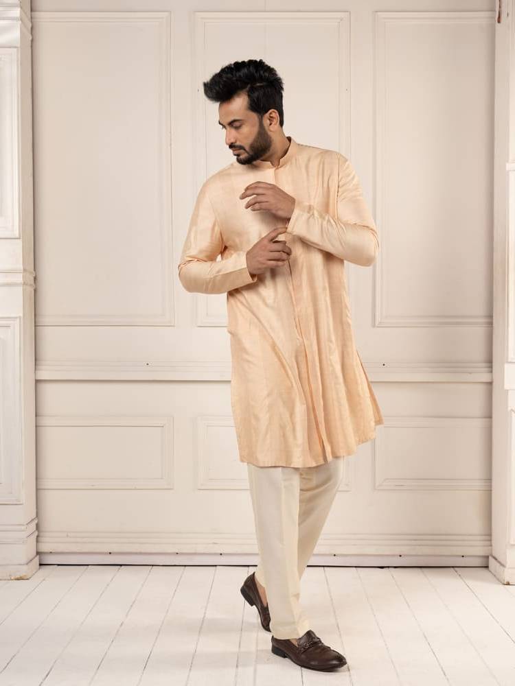 Peach Jamevar Embroidered Long Jacket Set