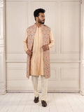 Peach Jamevar Embroidered Long Jacket Set