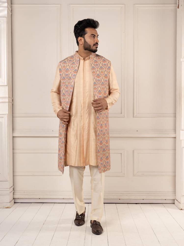 Peach Jamevar Embroidered Long Jacket Set