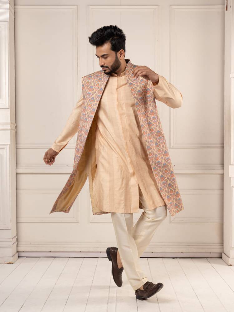 Peach Jamevar Embroidered Long Jacket Set