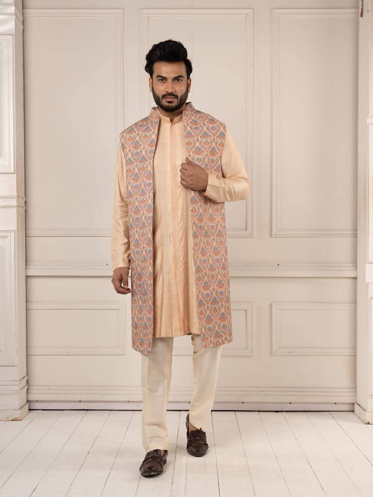 Peach Jamevar Embroidered Long Jacket Set