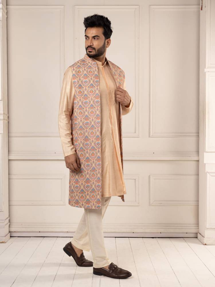 Peach Jamevar Embroidered Long Jacket Set