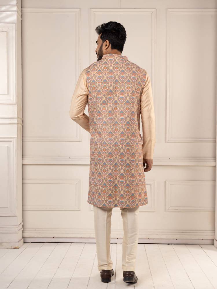 Peach Jamevar Embroidered Long Jacket Set
